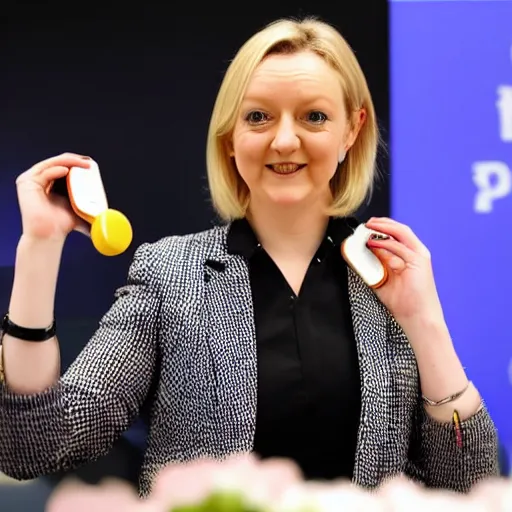 Image similar to liz truss using pork sausage as a phone