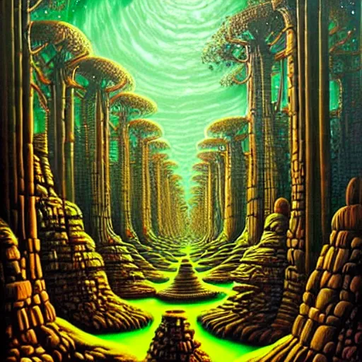 Image similar to an ancient futuristic druidic village in the woods, painting by jeffrey smith