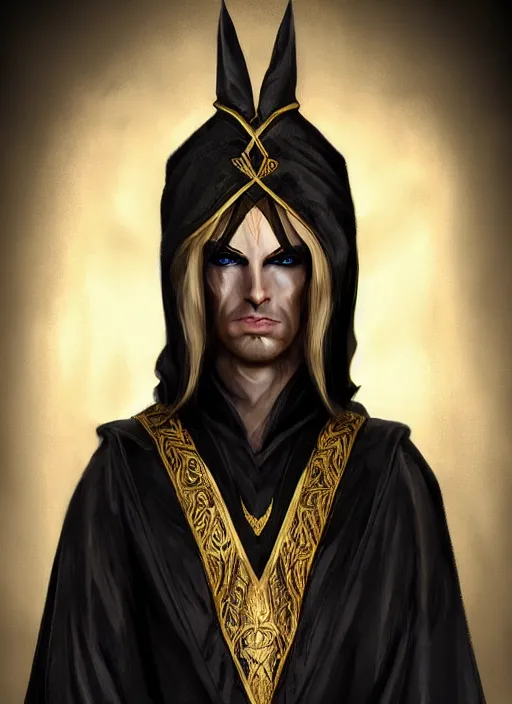 Image similar to beautiful male high elf, black and gold robes, sinister stare, realistic, long silver hair, trending on artstation