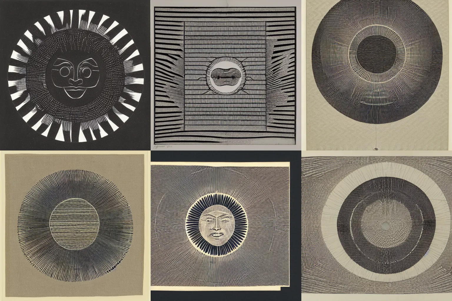 Prompt: engraving of the sun in selknam style, by anni albers, zoom out