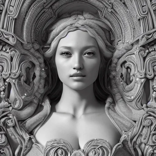 Image similar to wonderful princess made of marble, beautiful face, hyper detailed, flowing background intricate and detailed, ornate 8 k gorgeous intricate detailed, octane render, black and white