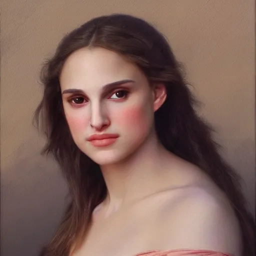 Prompt: Painting of young Natalie Portman. Art by william adolphe bouguereau. During golden hour. Extremely detailed. Beautiful. 4K. Award winning.