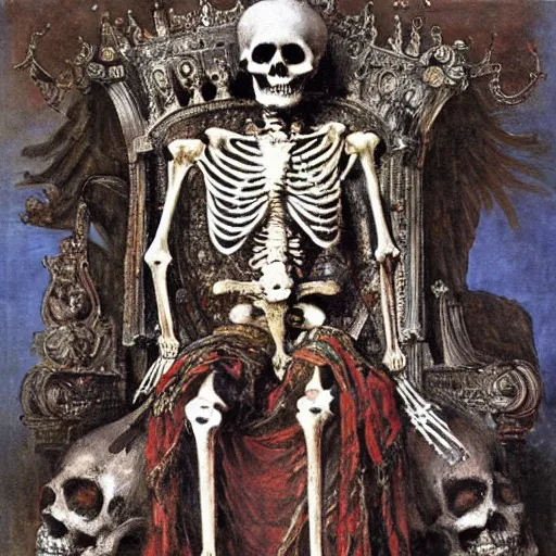 Image similar to a skeleton king, sitting on a throne, elegant, painted by Gustave Moreau