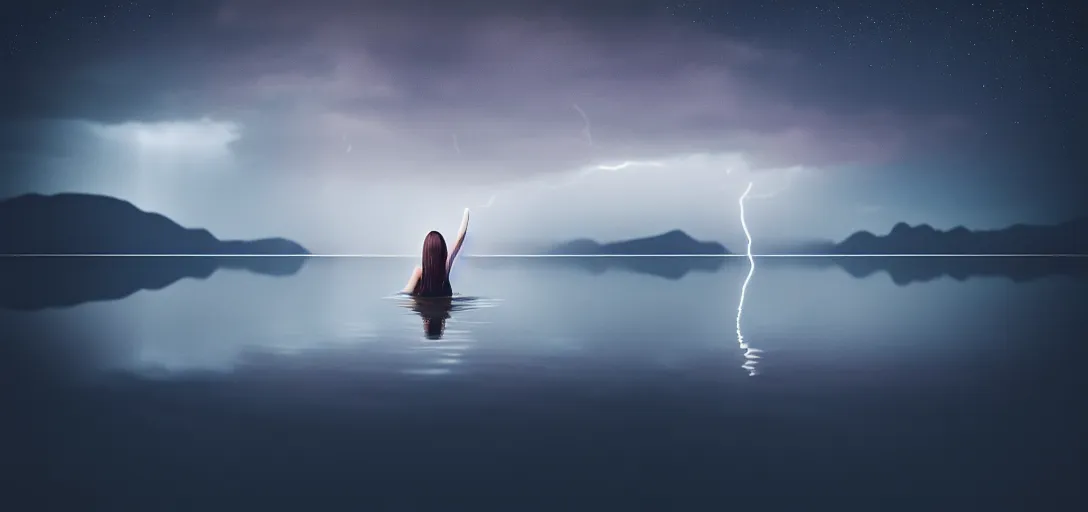 Image similar to medium closeup shot, flash photography of a woman floating in the lake, mountains, dark sky and night lightning, by ren hang, long exposure, octane render, unreal engine, high details