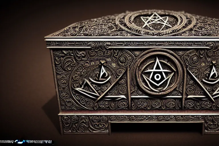 Image similar to an ancient ornate intricate old spell satanic coffin with the sigil symbol of evil emblazoned on the cover, cinematic, realistic, intricate detail, finely detailed, small details, extra detail, photorealistic, high resolution, 3 d, pbr, path tracing, volumetric lighting, octane render, arnold render, 8 k