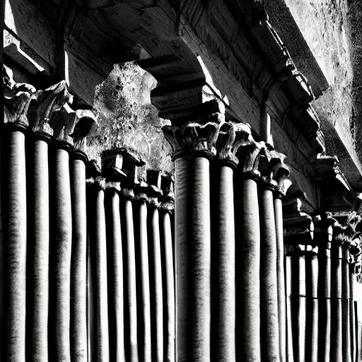 Image similar to columnated ruins domino, realism, dark,