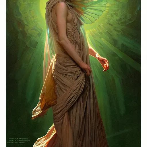 Image similar to epic masterpiece full body portrait of the Oracle at Delphi, female, gauze dress, inhaling the green fumes, highly detailed, digital painting, artstation, concept art, sharp focus, illustration, art by artgerm and greg rutkowski and alphonse mucha