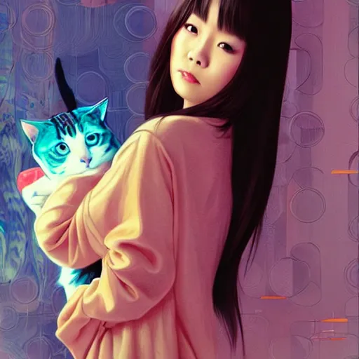 Prompt: bemused to be in surrounded by cats portrait of a vietnamese actress looking straight on, complex artistic color illustration, full detail, soft shadowing, fully immersive reflections and particle effects, concept art by artgerm, by range murata