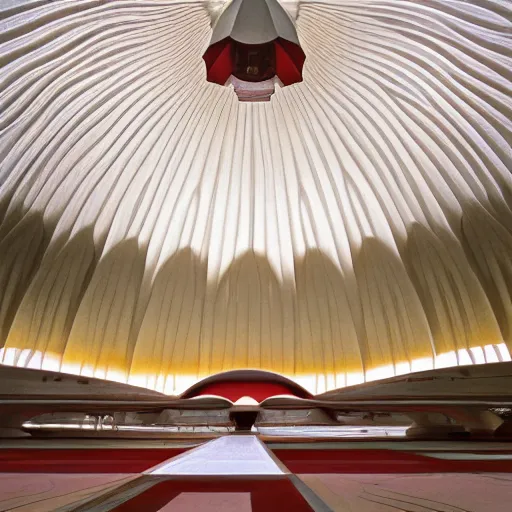 Image similar to interior of a futuristic lotus temple with gold, red and white marble panels, in the desert, by buckminster fuller and syd mead, intricate contemporary architecture, photo journalism, photography, cinematic, national geographic photoshoot