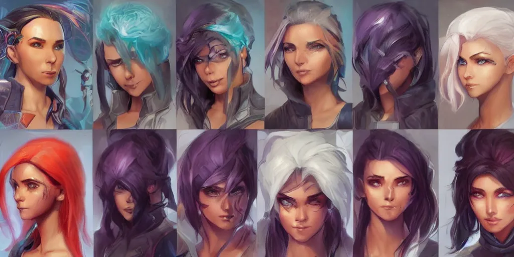Prompt: concept art of young hispanic female netrunner d & d video game characters head designs, unique hair designs, by marc brunet and artgerm