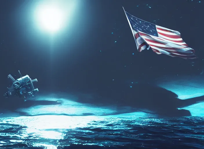 Image similar to dark photo of an astronaut underwater putting a flag on the bottom of the ocean. in the background, a submarine is visible. dark, concept art, cinematic, dramatic, blender, photorealistic, octane render, 8 k, volumetric lighting, trending on artstation