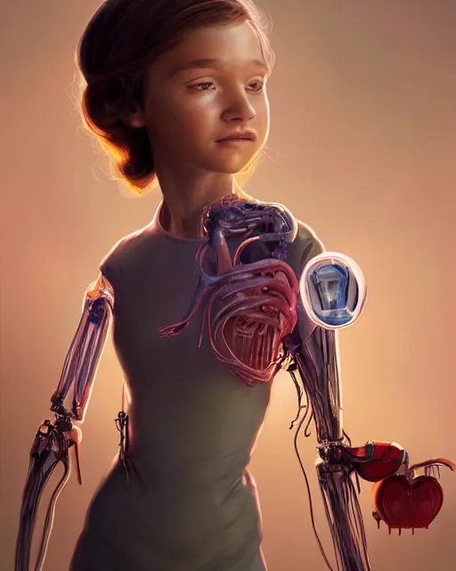 Prompt: weta disney pixar movie still full body portrait photo of young millie alicia bobby vikander brown singing with translucent skin and as a sad cyborg girl with artificial heart and organs by pixar, by weta, wlop, ilya kuvshinov, rossdraws, artgerm, latex, iridescent, bright morning, anime, liosh, mucha