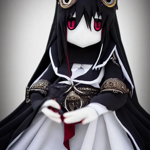 Image similar to cute fumo plush of the priestess of the cathedral of the ancient ones, dark ritual maiden, black and white, vray