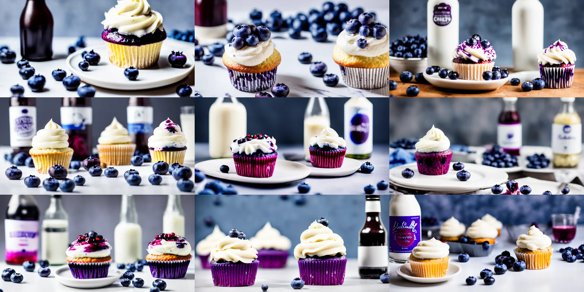 Image similar to dslr food photograp of a blueberry cupcake white creme topping and a bottle of blueberry sauce on the side, narrow shot, 8 5 mm f 1. 8