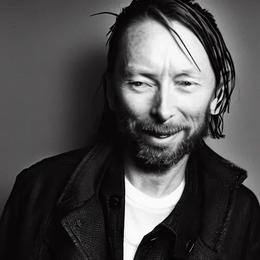 Prompt: Smiling Thom Yorke, with a beard and a black jacket, a portrait by John E. Berninger, dribble, neo-expressionism, uhd image, studio portrait, 1990s