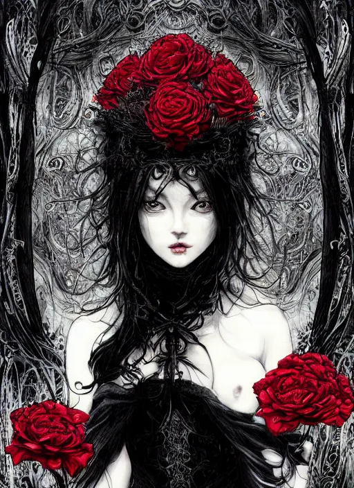 Image similar to portrait, A beautiful dark witch in front of the full big moon, book cover, red roses, red white black colors, establishing shot, extremly high detail, foto realistic, cinematic lighting, pen and ink, intricate line drawings, by Yoshitaka Amano, Ruan Jia, Kentaro Miura, Artgerm, post processed, concept art, artstation, matte painting, style by eddie, raphael lacoste, alex ross