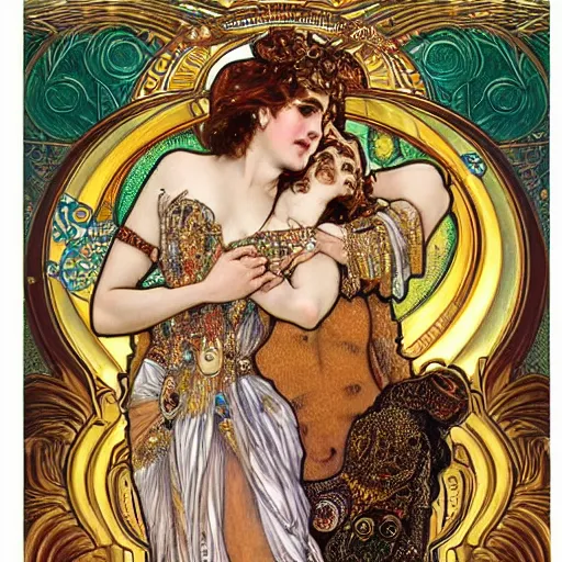 Image similar to realistic detailed dramatic symmetrical portrait of Samson and Dalida as Salome dancing, wearing an elaborate jeweled gown, by Alphonse Mucha and Gustav Klimt, gilded details, intricate spirals, coiled realistic serpents, Neo-Gothic, gothic, Art Nouveau, ornate medieval religious icon, long dark flowing hair spreading around her