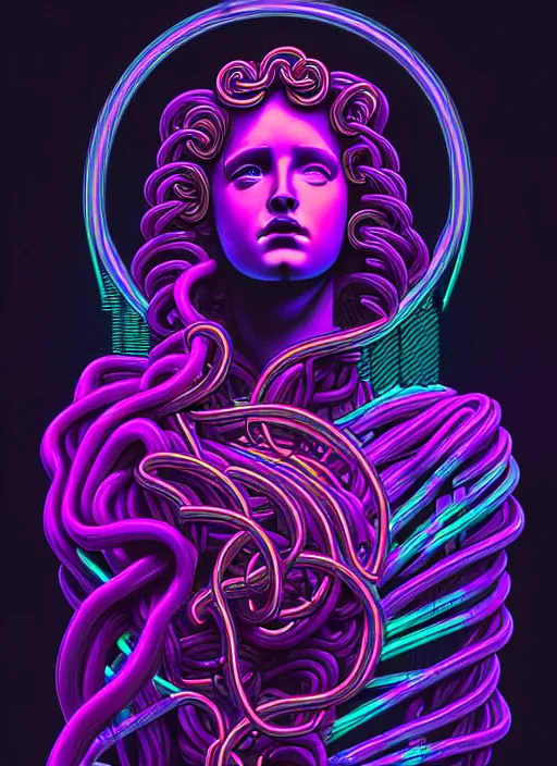 Image similar to statue of medusa, beeple, android jones, ( ( ( ( ( dan mumford ) ) ) ) ), vaporwave, retrowave, black background, neon wiring, black, glitch, strong contrast, cuts, pinterest, trending on artstation