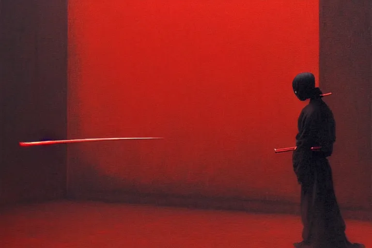 Image similar to only with red, a red samurai harakiri, tokio, a lot of frogs watch, in the style of beksinski, parts by edward hopper, parts by rodcenko, parts by yue minjun, intricate and epic composition, red by caravaggio, insanely quality, highly detailed, masterpiece, red light, artstation, 4 k