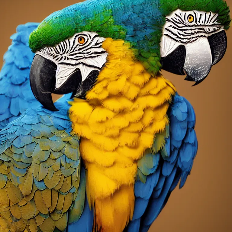 Image similar to octane render portrait by wayne barlow and carlo crivelli and glenn fabry, a single beautiful colorful blue and gold macaw, surrounded by shiny reflective aluminum foil, cinema 4 d, ray traced lighting, very short depth of field, bokeh