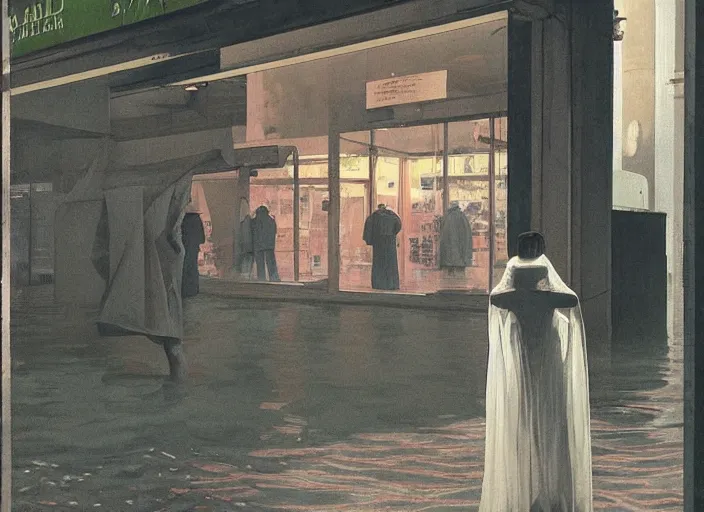 Image similar to woman in a translucent clothing made from green plastic bag with paper bags for clothes standing inside paper bags with paper bag over the head at store display on flooded night street Edward Hopper and James Gilleard, Zdzislaw Beksinski, highly detailed