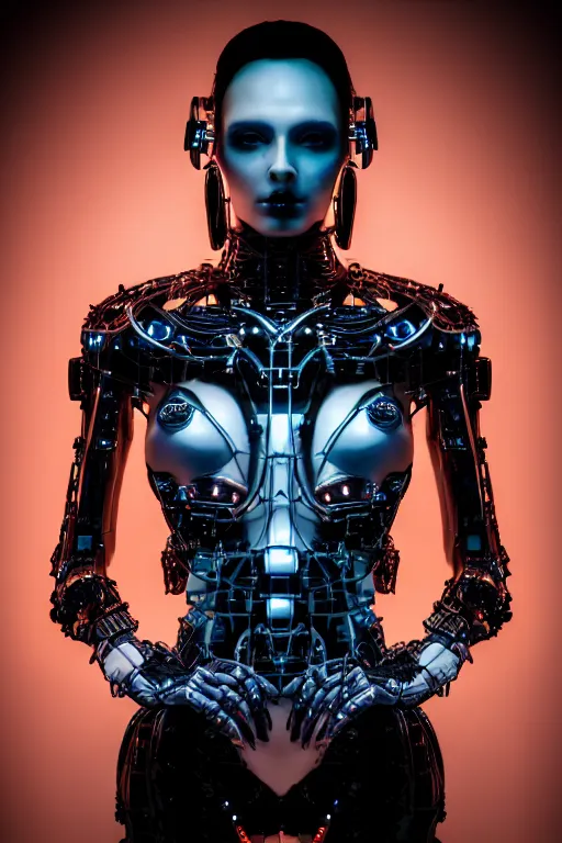 Image similar to beautifull anatomialy perfect cyberpunk woman model, wearing organic ceramic fractal armor, luxury materials, symmetrical, cinematic, elegant, professional studio light, real dlsr photography, sharp focus, 4 k, ultra hd, sense of awe, high fashion