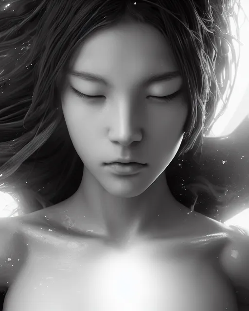 Image similar to dreamy, monochrome, subsurface scattering, white, cyborg goddess in cosmos, black and white, octane render, photo - realistic, cgsociety, fenghua zhong, makoto shinkai, james jean, justin gerard, highly detailed, rim light, art, cinematic lighting, very coherent, hyper realism, 8 k