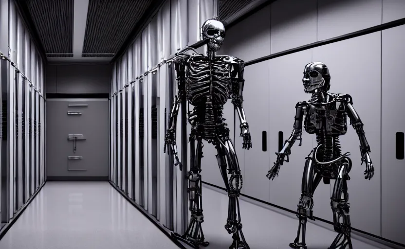 Image similar to terminator without flesh, staying in front of data center room. extreme long shot, high detail, cinematic colors