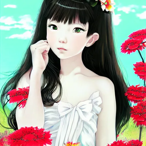 Image similar to chinese little girl with flowers in hair wearing an white dress. art by ilya kuvshinov, profile picture, inspired in hirohiko araki, realistic, highly detailed, 8 0 s anime art style