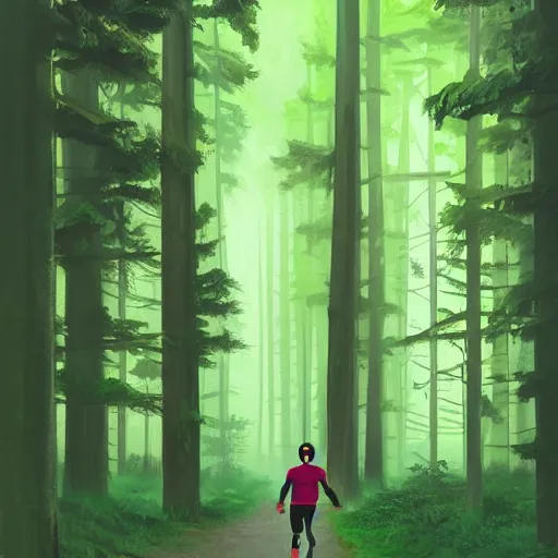 Image similar to a guy in acid-green athletic sneakers runs through a forest with tall trees, art by Andreas Rocha,