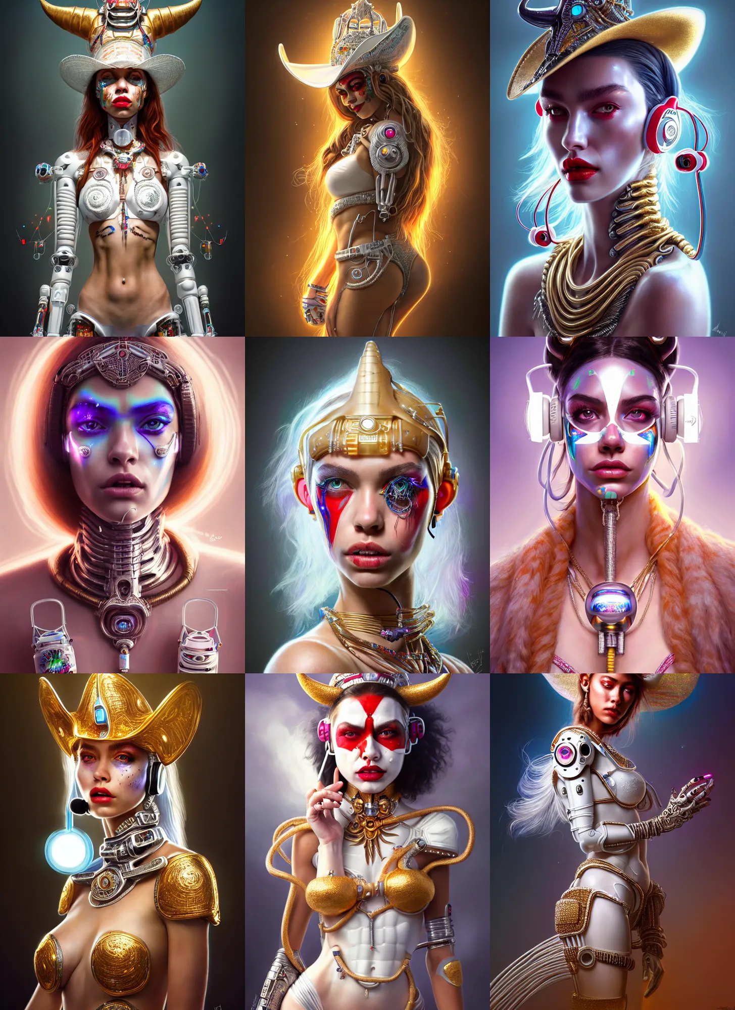 Prompt: bright white polished cowgirl clowncore cyborg : : disney weta portrait, soft mayan queen devil madison beer, bling earbuds, hi - fructose, sci - fi fantasy intricate decadent highly - detailed digital painting, golden ratio, octane render, artstation, concept art, smooth, sharp focus, illustration, artgerm, mucha, loish, wlop