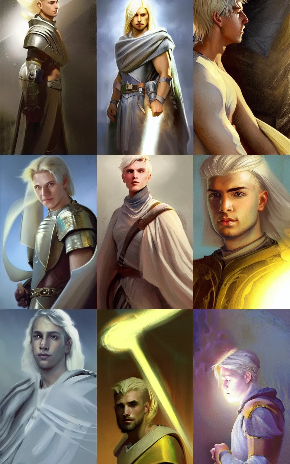 Prompt: Portrait of a young Aasimar man wearing a war cleric's garb with short platinum blonde hair a kind face a halo of light and a distantly hopeful expression, cinematic lighting, detailed, beautiful, illustration by Greg Rutkowski, Andrei Riabovitchev Jean Giraud Tom Anders Zorn, Edward Hopper and Ilya Kushinov, Frederick Bacon, Tom Anders Zorn, John Collier, Vladimir Abat-Cherkasov