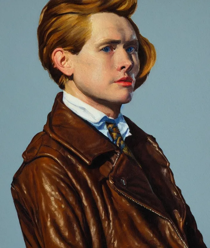 Prompt: a very detailed painting of an 8 0 s jacket with big shoulder pads, very aesthetic leather jacket, detailed closeup of leather jacket, front view, in the style of edward hopper and oswald hornby joseph birley and susan ryder, very small brushstrokes, 4 k,