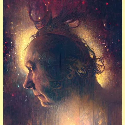 Image similar to hyperrealist portrait of an enormous glowing head made of stars by jeremy mann and alphonse mucha and alan lee, fantasy art, photo realistic, dynamic lighting, artstation, poster, volumetric lighting, very detailed faces, award winning