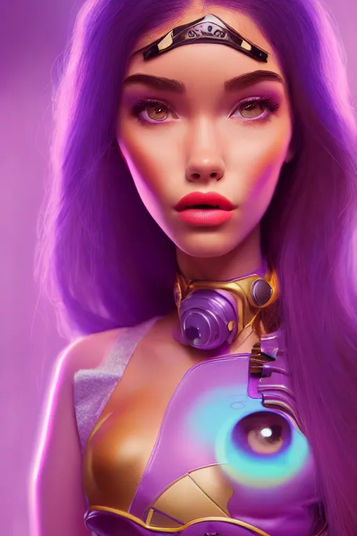 Image similar to pixar woman madison beer rave girl | soft creamy polished decadent vixen floral ornate masterpiece | weta disney movie still portrait photo | sci fi, fantasy, film, 8 k, highly detailed, artstation, realism | beeple, artgerm, mucha, wlop, loish |