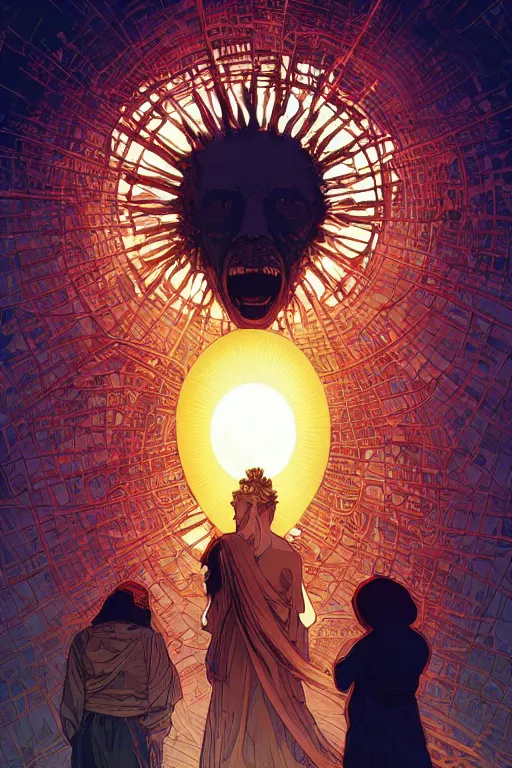 Prompt: 'God save us, everyone Will we burn Inside the fires of a thousand suns?' by Michael Whelan and Tomer Hanuka, scenes from Roland Emmerich, clean, intricate, elegant, highly detailed, digital painting, artstation, concept art, smooth, sharp focus, illustration, art by artgerm and greg rutkowski and alphonse mucha