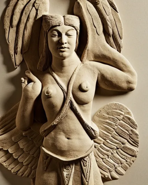 Prompt: 'a full view of a table with a textbook opened to a page with a picture of a clay sculpture of an eagle goddess' clay sculpture, textbook, zoomed out, zoomed out, zoomed out