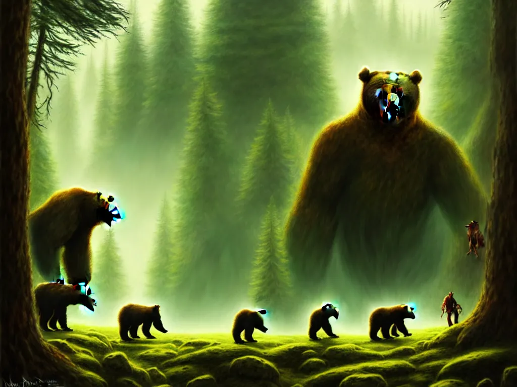 Image similar to highly detailed concept art of colossal bear facing off against an herd of goblins in a middle - earth forest, an ultrafine detailed painting, trending on deviantart, neo surrealism, sharp focus, octane, masterpiece, art by anato finnstark