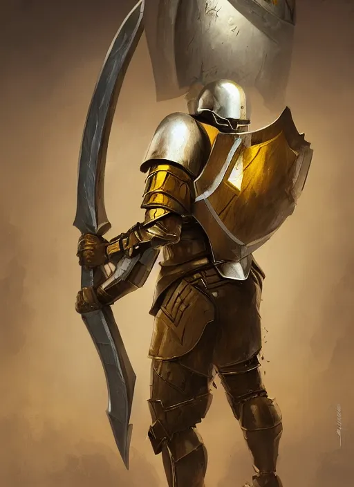 Image similar to dynamic portrait of a warforged character in yellow armor holding a paladin engraved longsword and carrying a big shield, epic , trending on ArtStation, cinematic lighting, by Greg Rutkowski and Jesper Ejsing