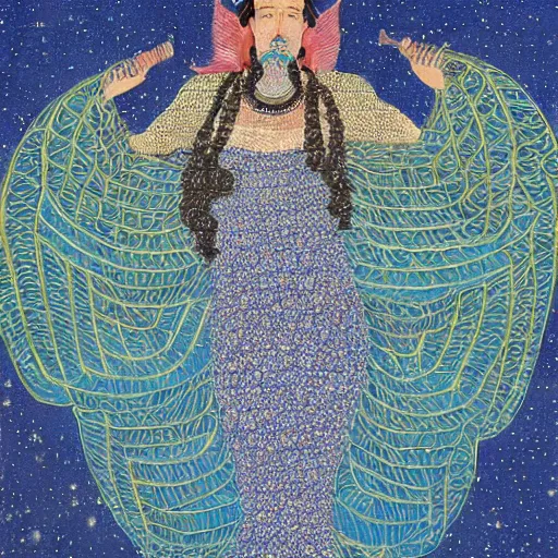 Image similar to perspective pointillism, manichaean artwork by frank stella, by ravi zupa. a experimental art of a woman with wings made of stars, surrounded by a blue & white night sky. the woman is holding a staff in one hand, & a star in the other. she is wearing a billowing dress, & her hair is blowing in the wind.