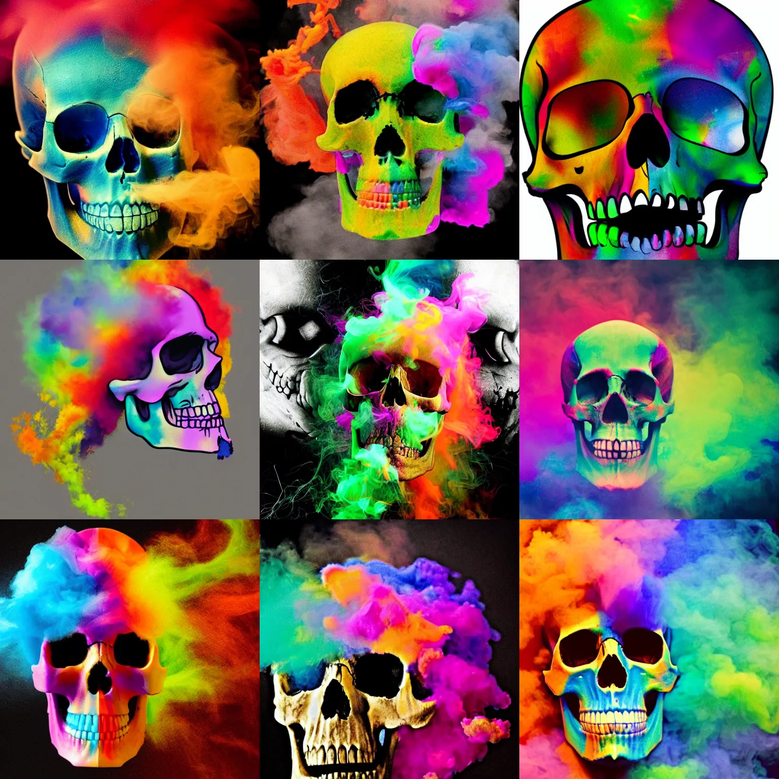 Prompt: a skull made of colorful smoke that is slowly dissipating.