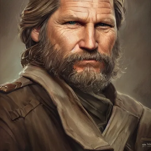 Image similar to portrait of a man by greg rutkowski, he looks like jeff bridges, wearing the military fatigues of the corellian confederation, star wars expanded universe, he is about 5 0 years old, highly detailed portrait, digital painting, artstation, concept art, smooth, sharp foccus ilustration, artstation hq