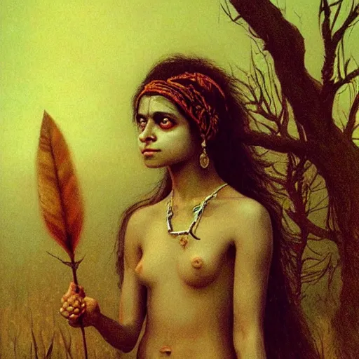 Prompt: a beautiful young indian cottagecore witch, highly detailed, masterpiece, illustrated, art by brom and beksinski