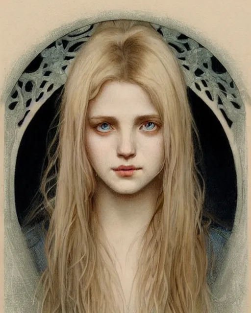 Image similar to portrait of 1 6 - year - old woman with dirty blonde hair down to her waist, pale eyebrows and protuberant silver eyes, wearing white shirt, hyper realistic face, beautiful eyes, fantasy art, in the style of greg rutkowski, intricate, alphonse mucha, hyper detailed, smooth