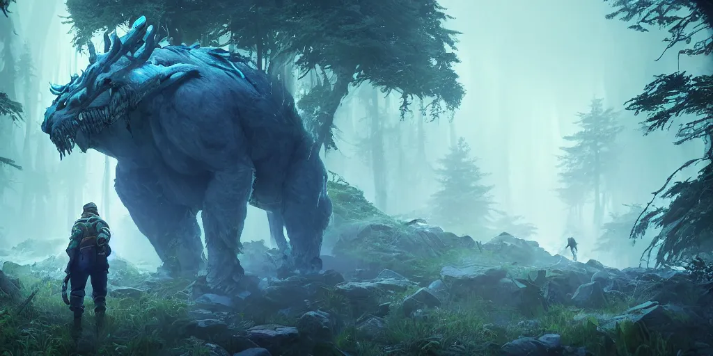 Image similar to gamekeeper hunting for mystical forest monster. realism in style of fornite game. bio luminescent, plasma, ice, water, wind, creature, artwork by tooth wu and wlop and beeple and greg rutkowski, epic cinematic shot, perfectly defined features, ambient occlusion