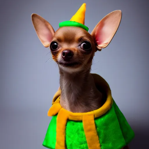 Image similar to photo of mini brown chihuahua in a bowser costume. Post processing , award winning , masterpiece , photo realistic