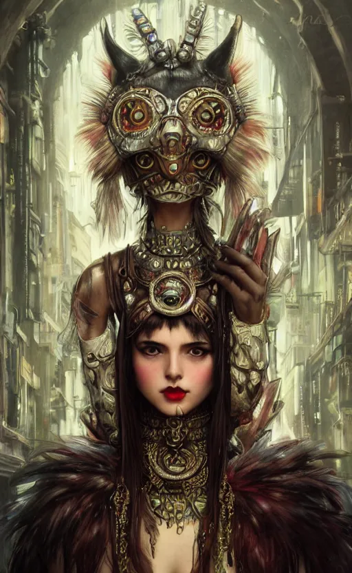 Image similar to hyper realistic Princess Mononoke, ornate mask magic, wet market street, cyberpunk metropolis, city landscape, jewels, full body pose, full moon, crowded streets, style of tom bagshaw, mucha, james gurney, norman rockwell, denoised, sharp