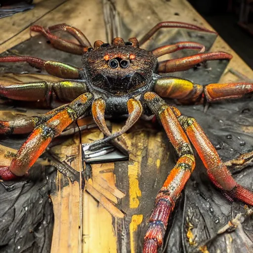 Prompt: photo taken of an epic intricate, ultra detailed, super realistic gritty, hero prop, exquisitely painted animatronic movie prop of a wet slimy grotesque nightmarish hellish arachnoid creature displayed in the workshop, created by weta workshop, full body shot, photorealistic, sharp focus