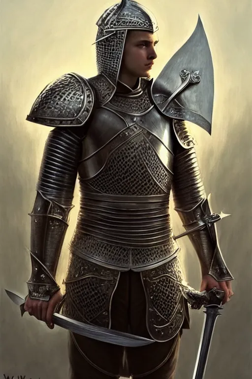 Prompt: Portrait of a highly detailed knight holding a large sword, full body, fine art, awesome fantasy book cover on Pinterest, award winning, dark fantasy landscape, fantasy magic, intricate, elegant, sharp focus, cinematic lighting, highly detailed, digital painting, concept art, art by WLOP and Artgerm and Greg Rutkowski, masterpiece, trending on artstation, 8K