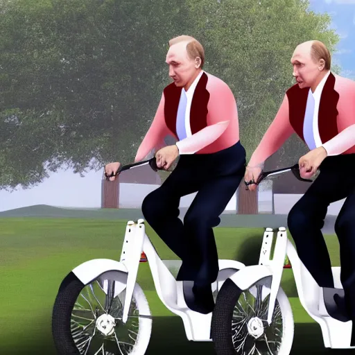 Prompt: realistic render of vladimir putin and donald trump riding a tandem bike